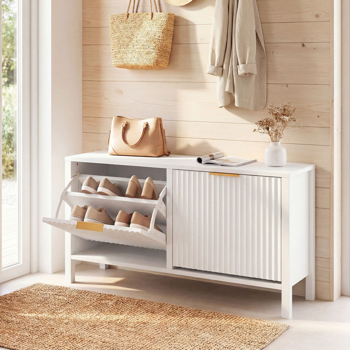 Shoe Storage Bench with 2 Flip Drawers - White