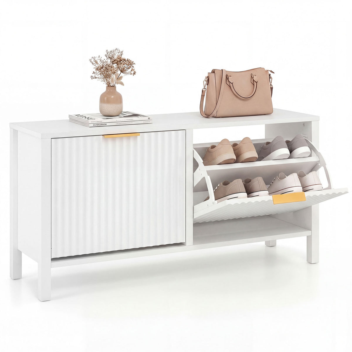Shoe Storage Bench with 2 Flip Drawers - White