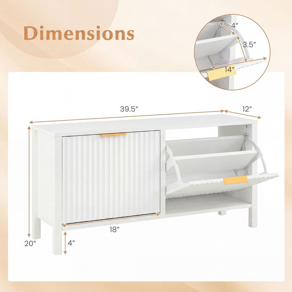 Shoe Storage Bench with 2 Flip Drawers - White