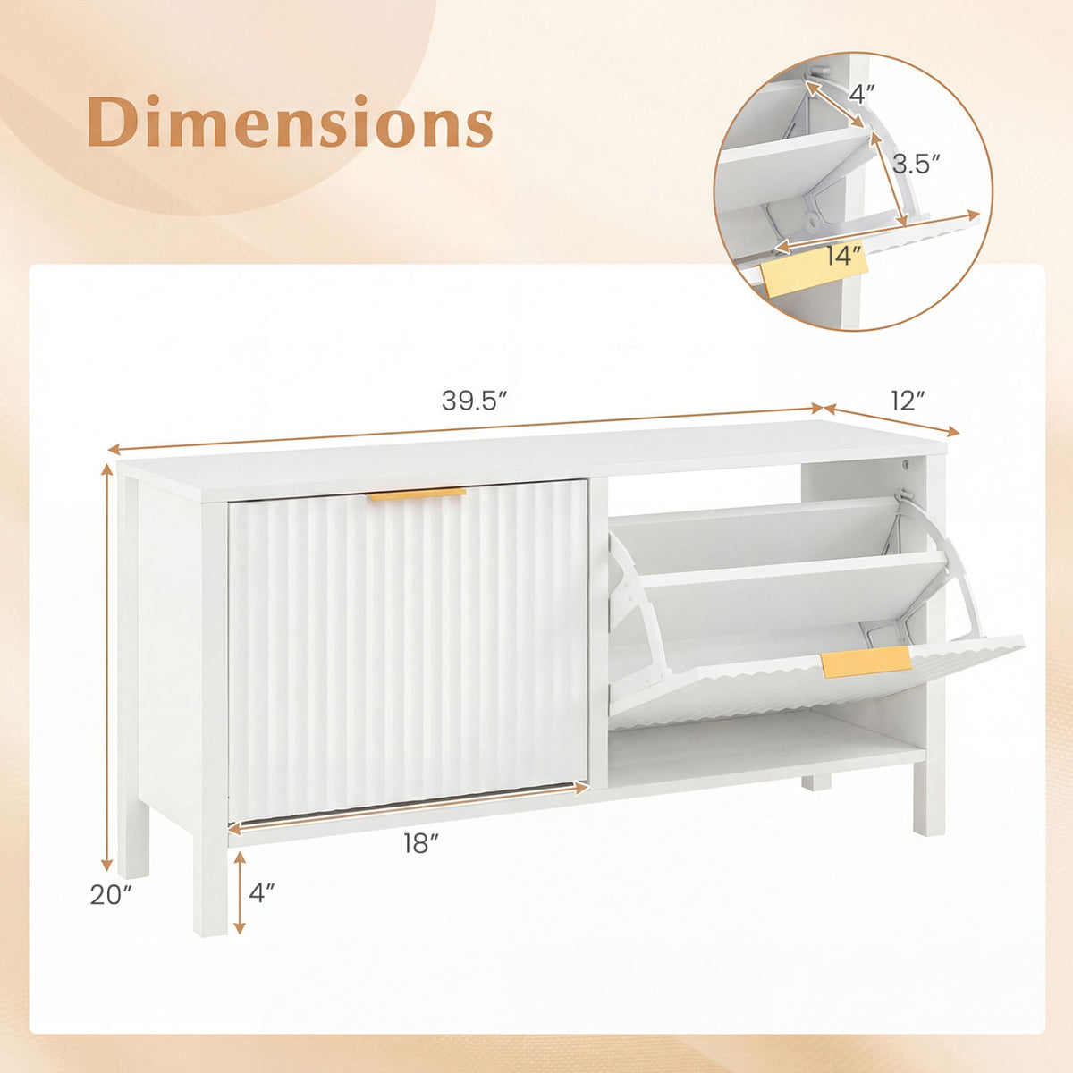 Shoe Storage Bench with 2 Flip Drawers - White