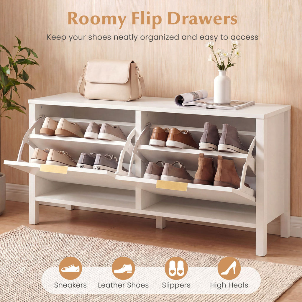 Shoe Storage Bench with 2 Flip Drawers - White