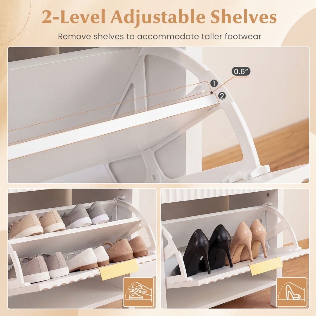 Shoe Storage Bench with 2 Flip Drawers - White