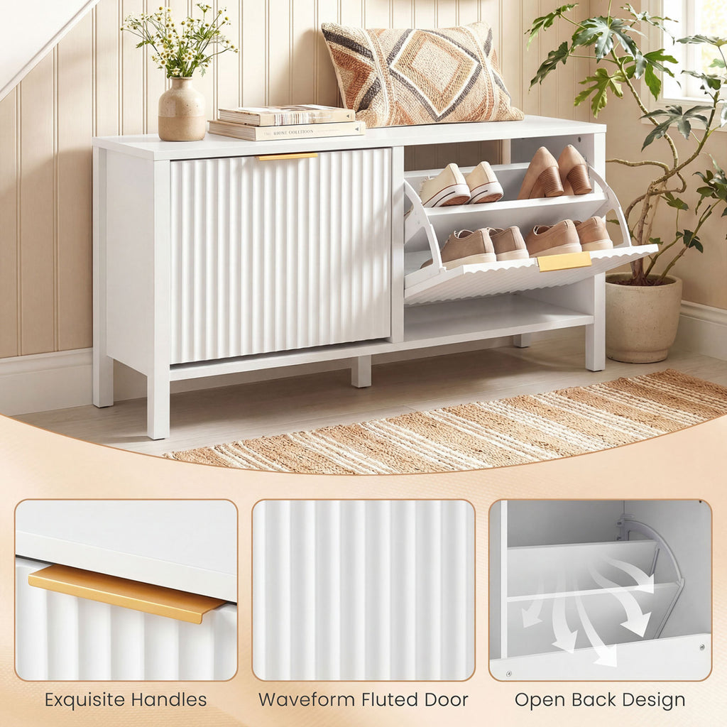Shoe Storage Bench with 2 Flip Drawers - White