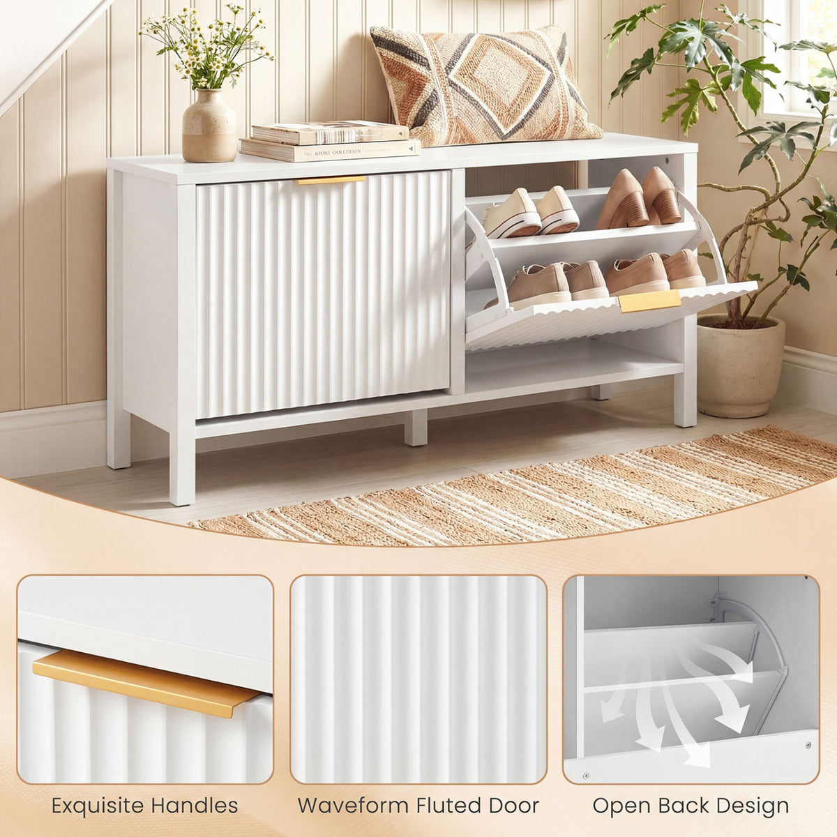 Shoe Storage Bench with 2 Flip Drawers - White