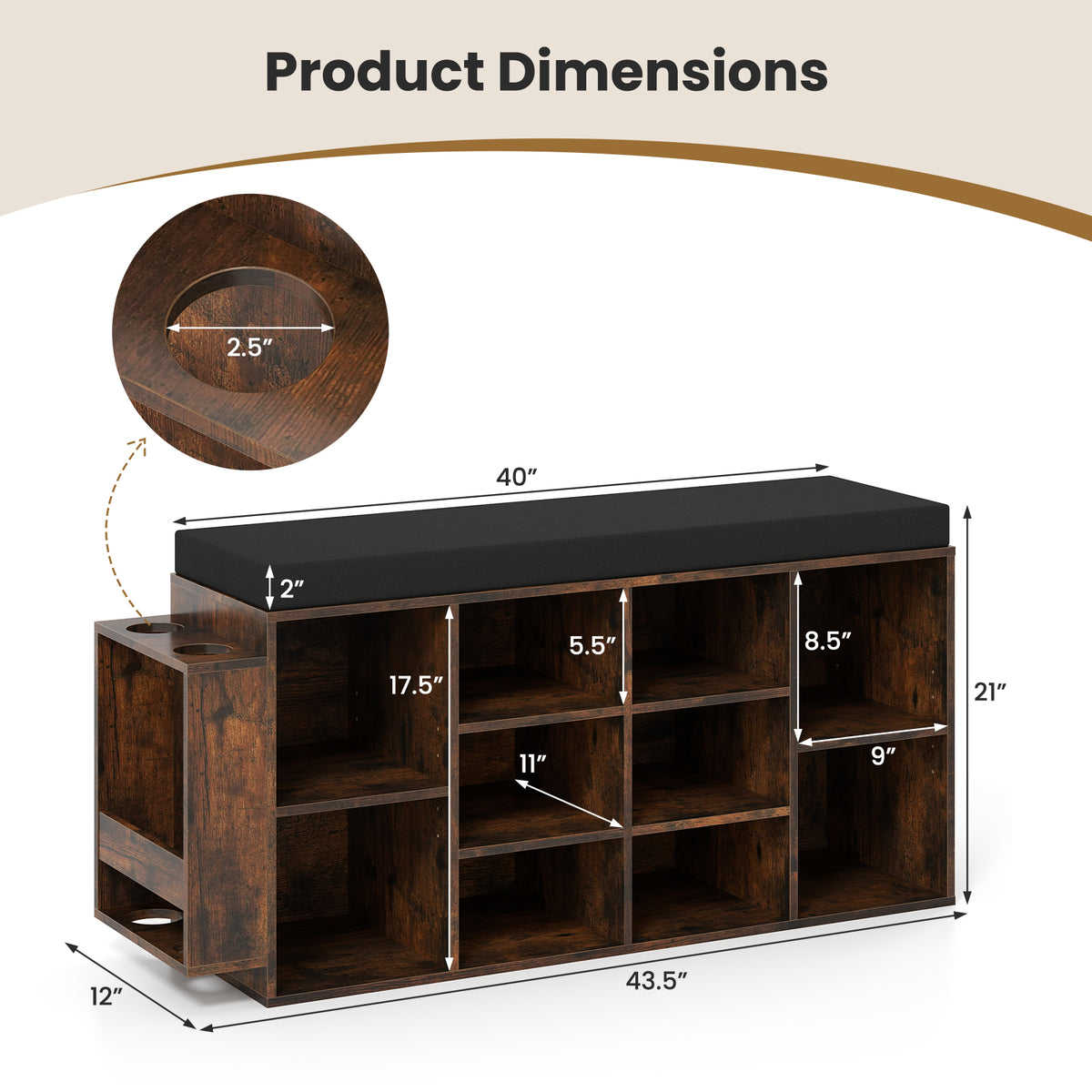 Shoe Storage Bench with Umbrella Stand, 10-Cubby, Rustic Brown