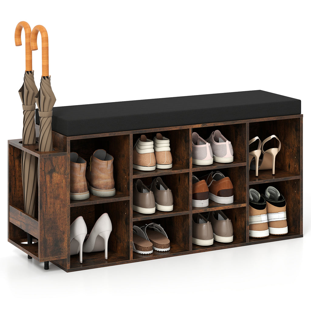 Shoe Storage Bench with Umbrella Stand, 10-Cubby, Rustic Brown