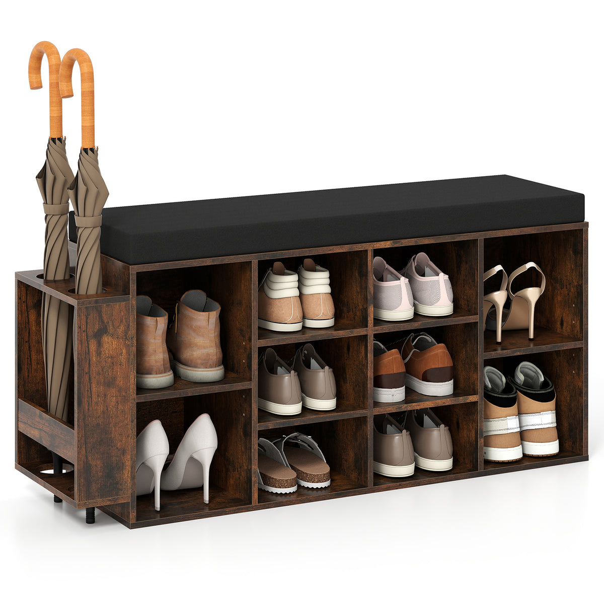 Shoe Storage Bench with Umbrella Stand, 10-Cubby, Rustic Brown