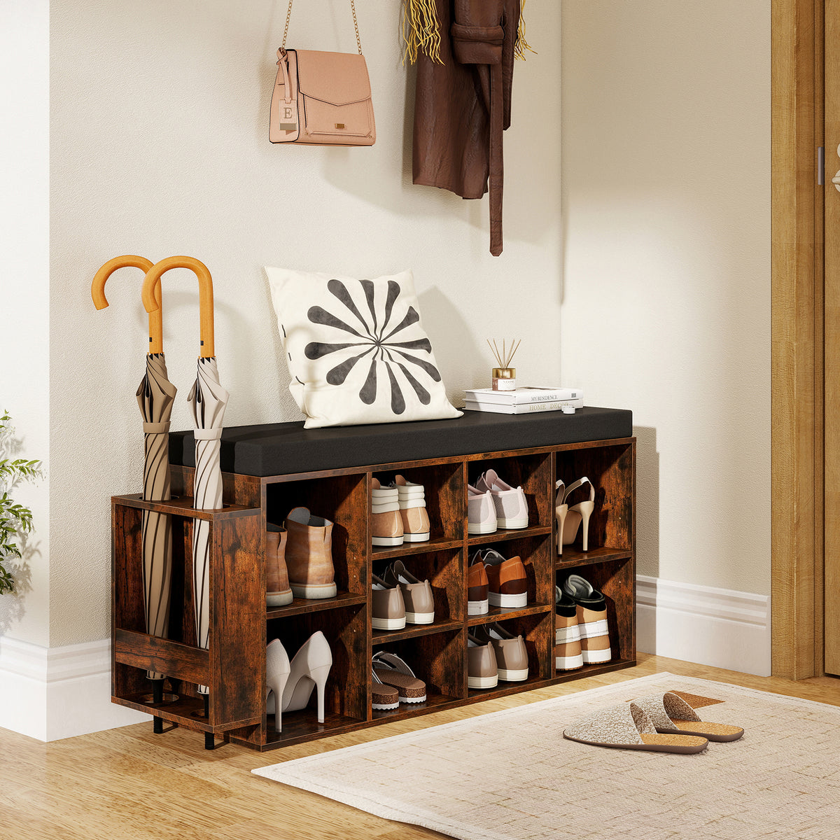Shoe Storage Bench with Umbrella Stand, 10-Cubby, Rustic Brown