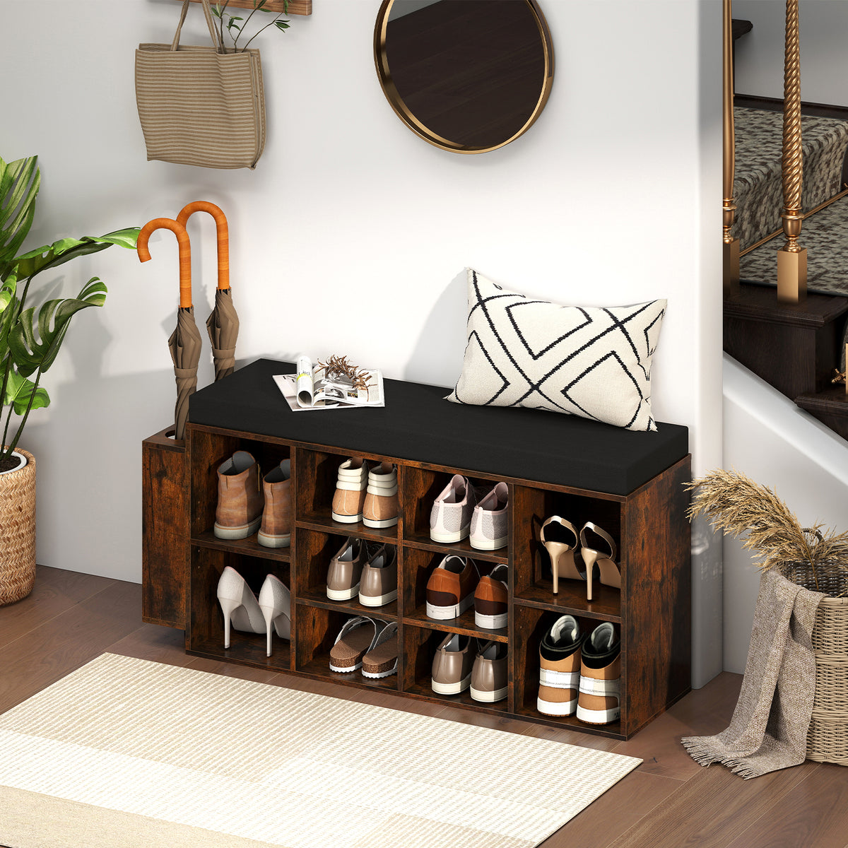Shoe Storage Bench with Umbrella Stand, 10-Cubby, Rustic Brown