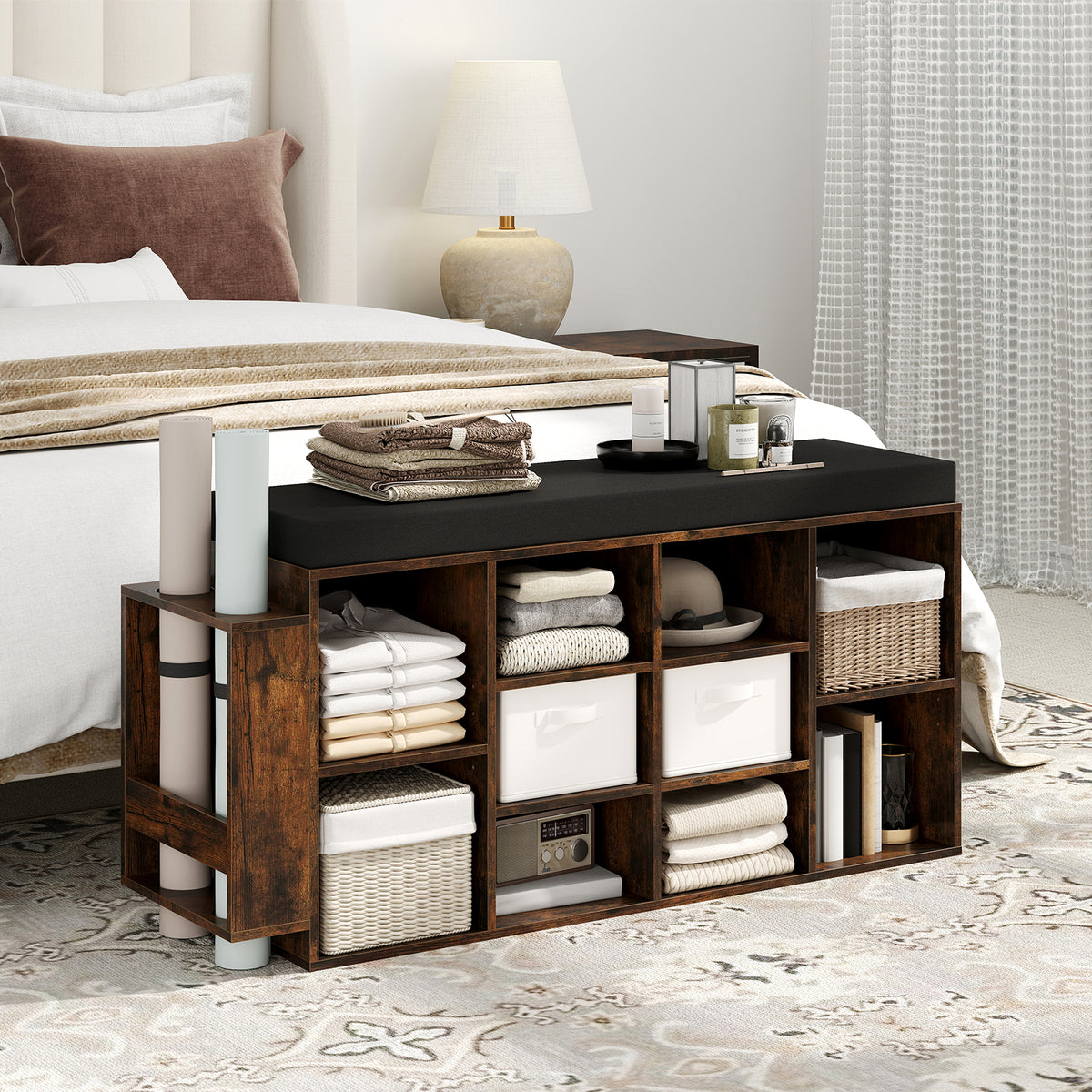Shoe Storage Bench with Umbrella Stand, 10-Cubby, Rustic Brown
