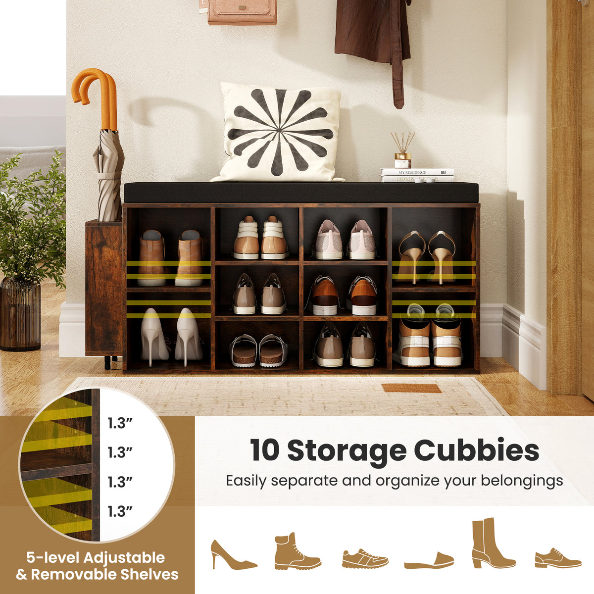 Shoe Storage Bench with Umbrella Stand, 10-Cubby, Rustic Brown
