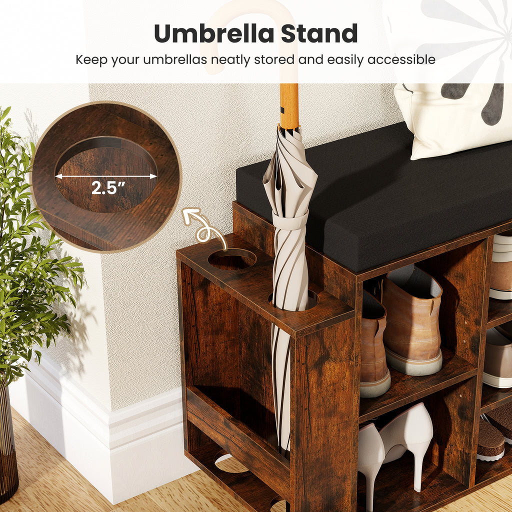 Shoe Storage Bench with Umbrella Stand, 10-Cubby, Rustic Brown