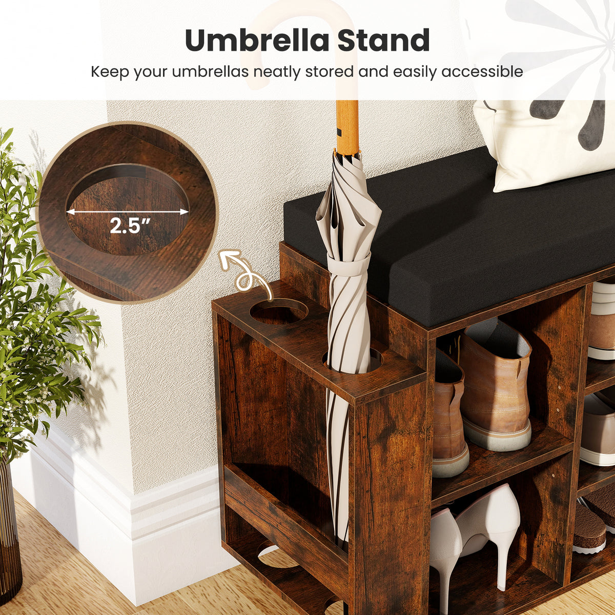 Shoe Storage Bench with Umbrella Stand, 10-Cubby, Rustic Brown