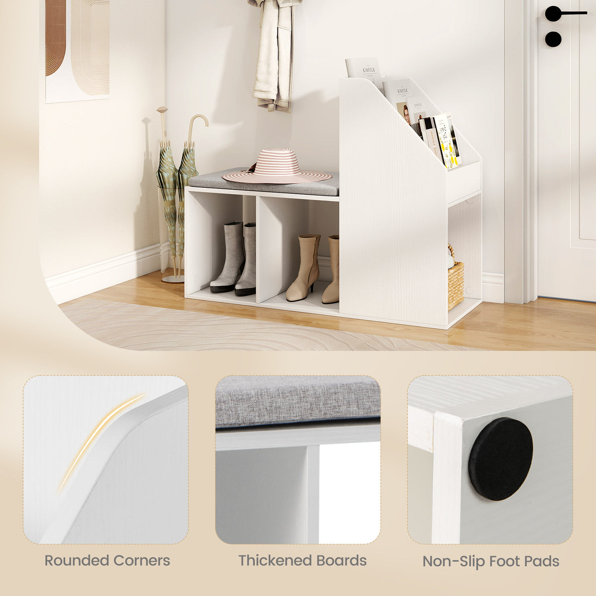 Shoe Storage Bench with Removable Cushion, White