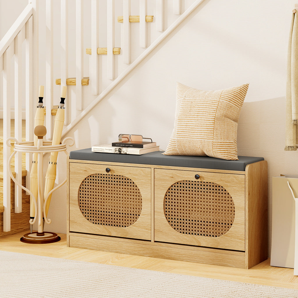 Rattan Shoe Storage Bench with Cushion - Natural