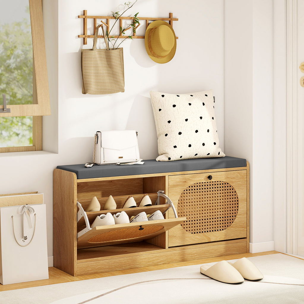 Rattan Shoe Storage Bench with Cushion - Natural