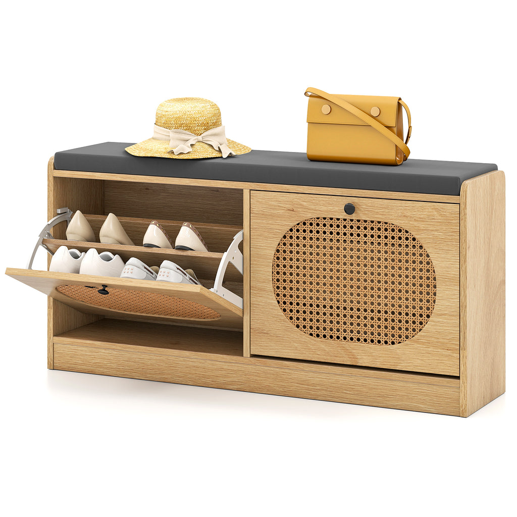 Rattan Shoe Storage Bench with Cushion - Natural