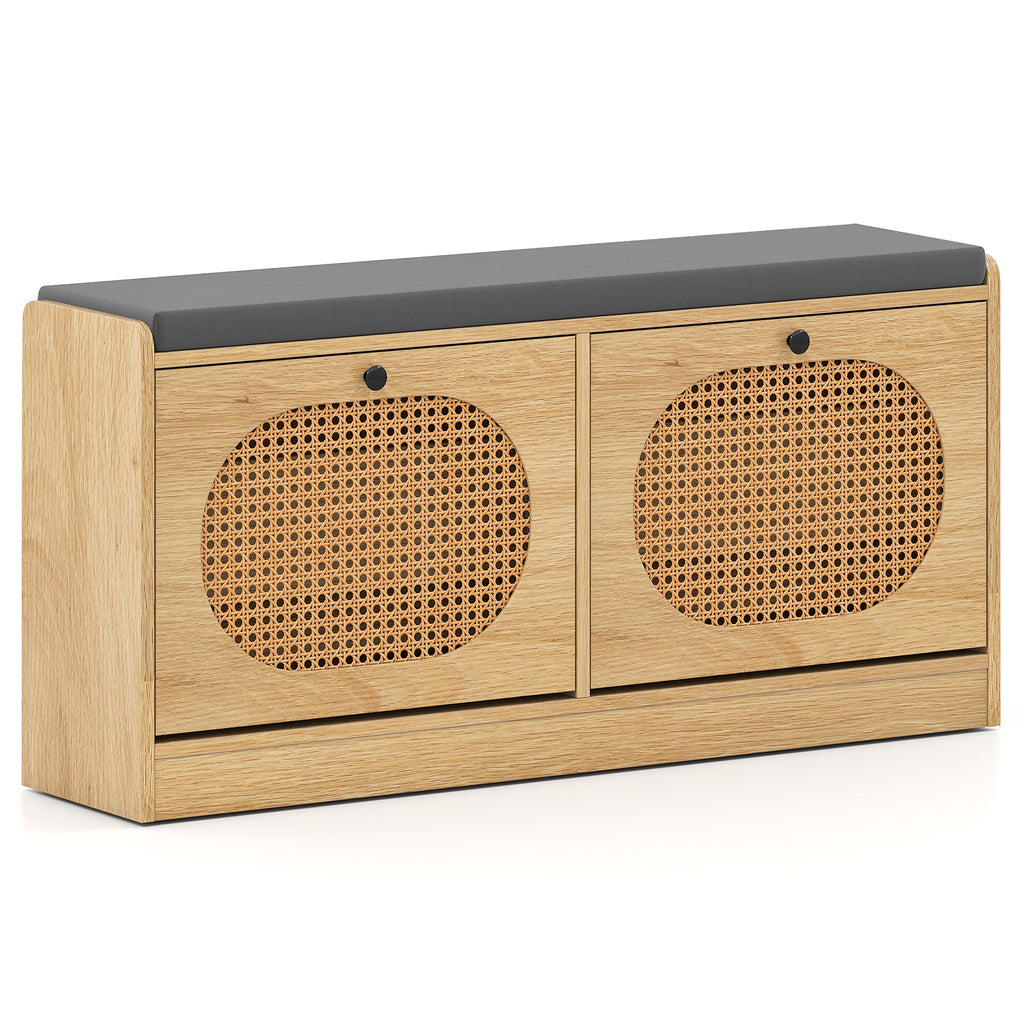 Rattan Shoe Storage Bench with Cushion - Natural