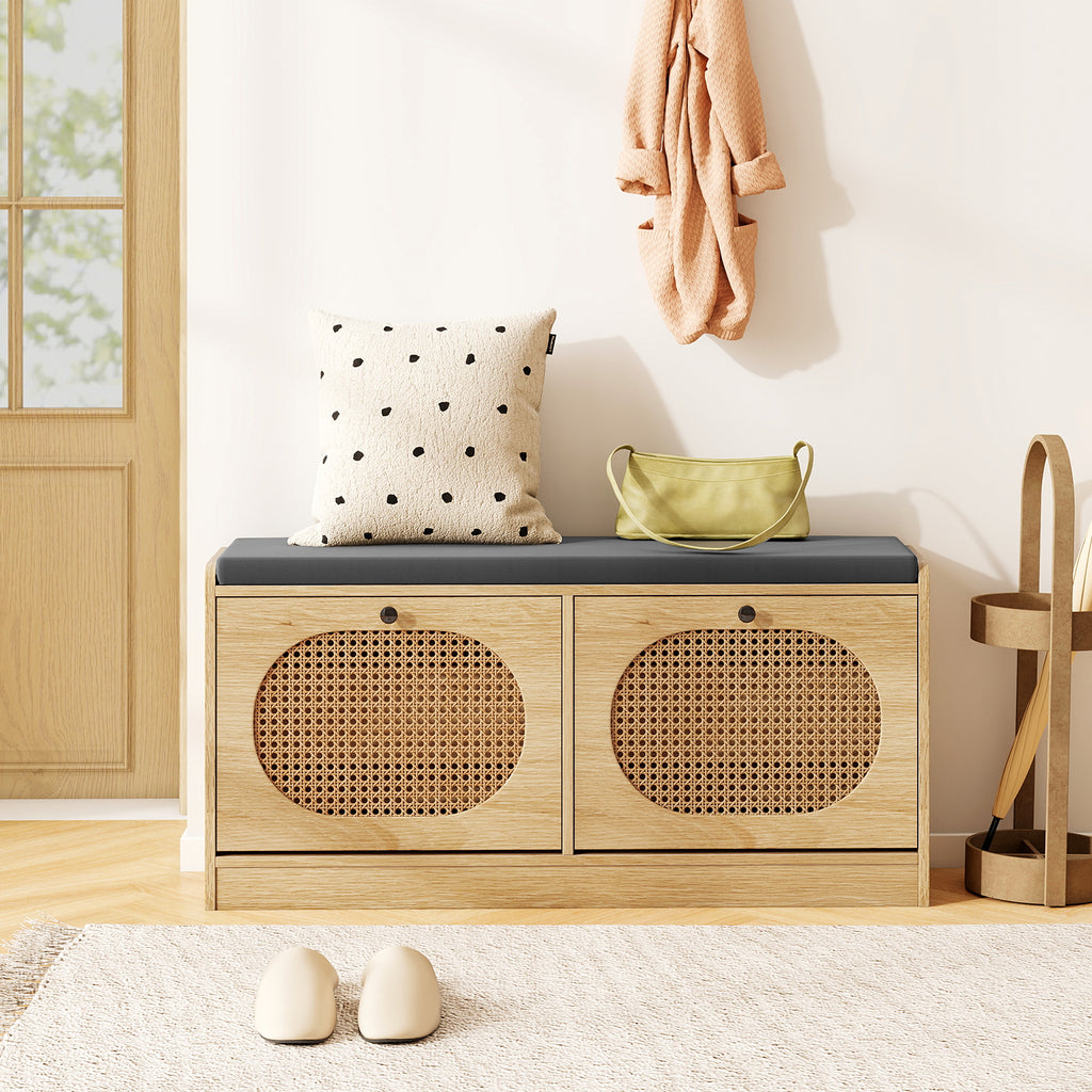 Rattan Shoe Storage Bench with Cushion - Natural