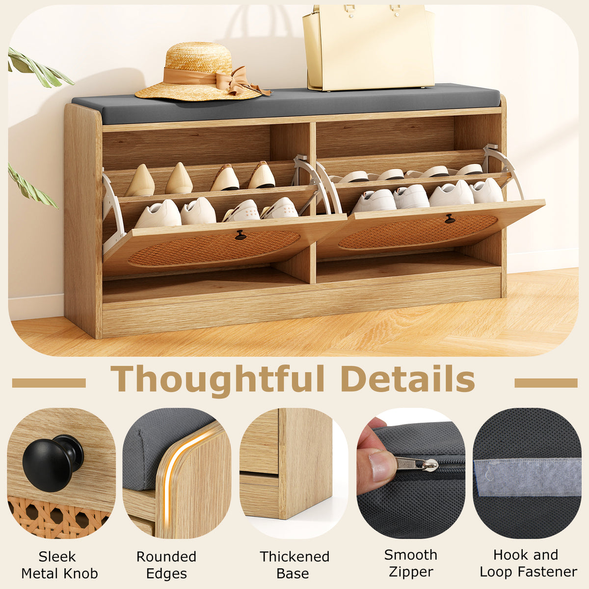 Rattan Shoe Storage Bench with Cushion - Natural