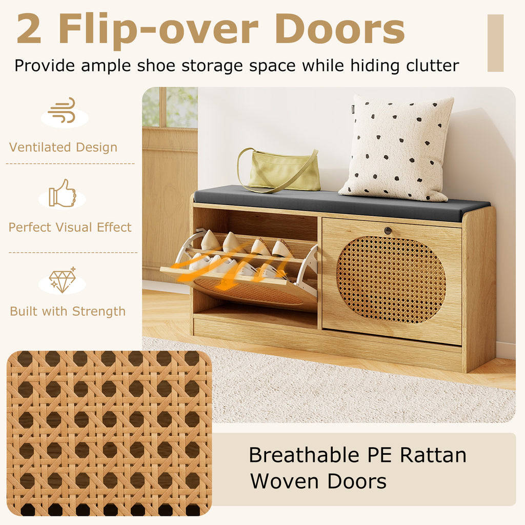 Rattan Shoe Storage Bench with Cushion - Natural