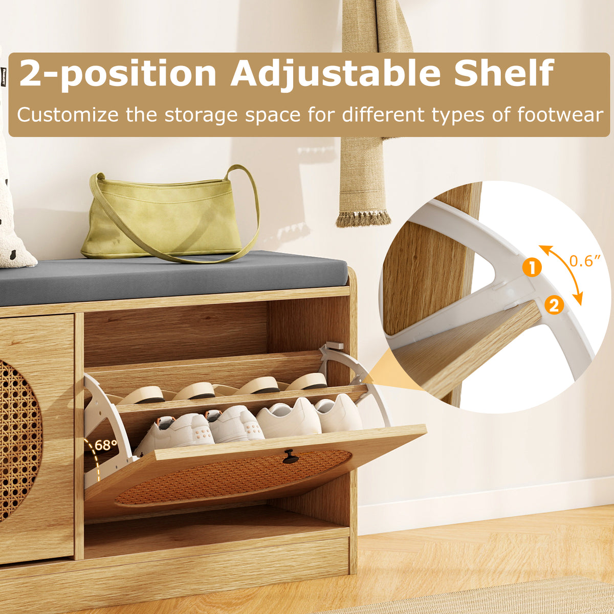 Rattan Shoe Storage Bench with Cushion - Natural