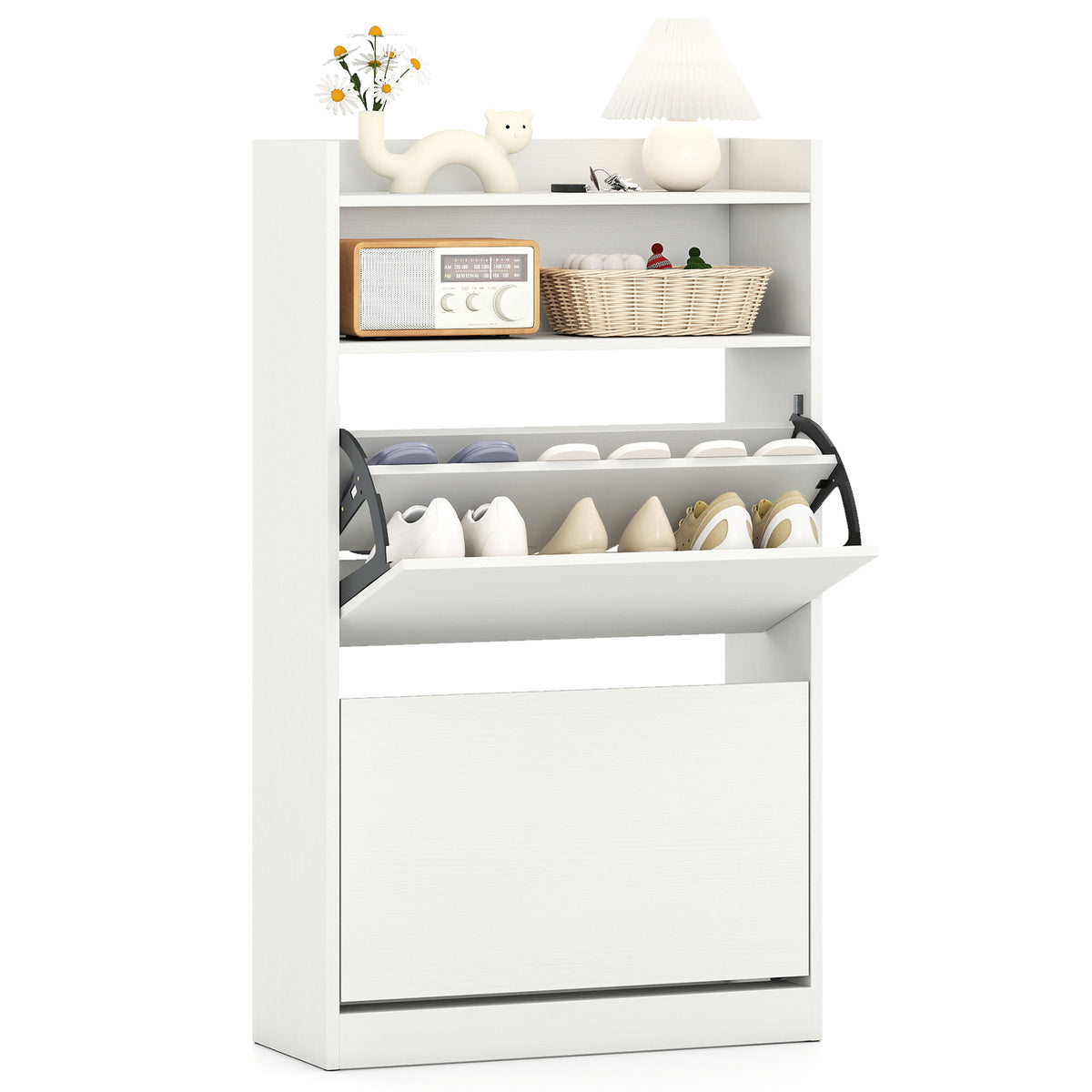 Shoe Storage Cabinet with Flip Drawers - White