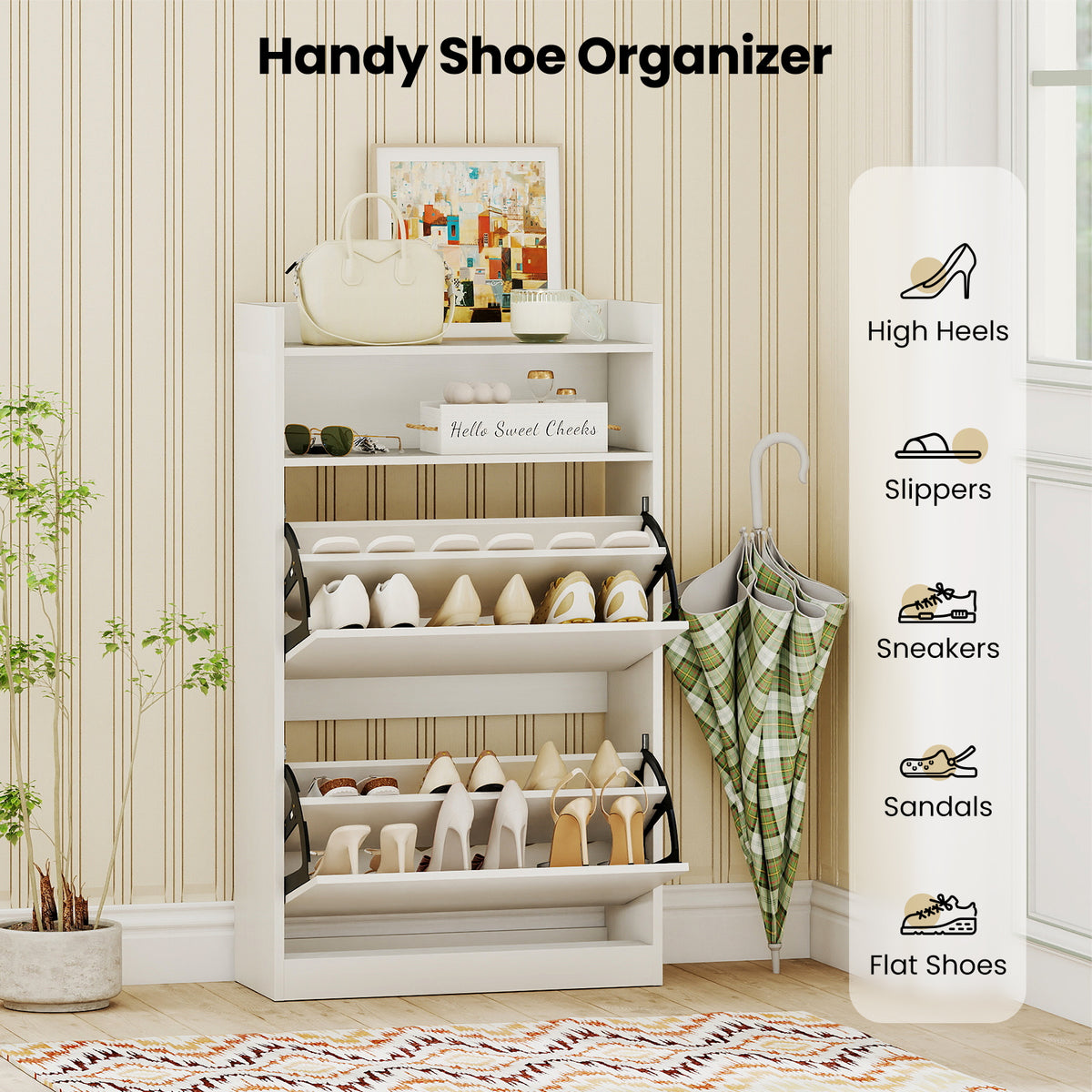 Shoe Storage Cabinet with Flip Drawers - White