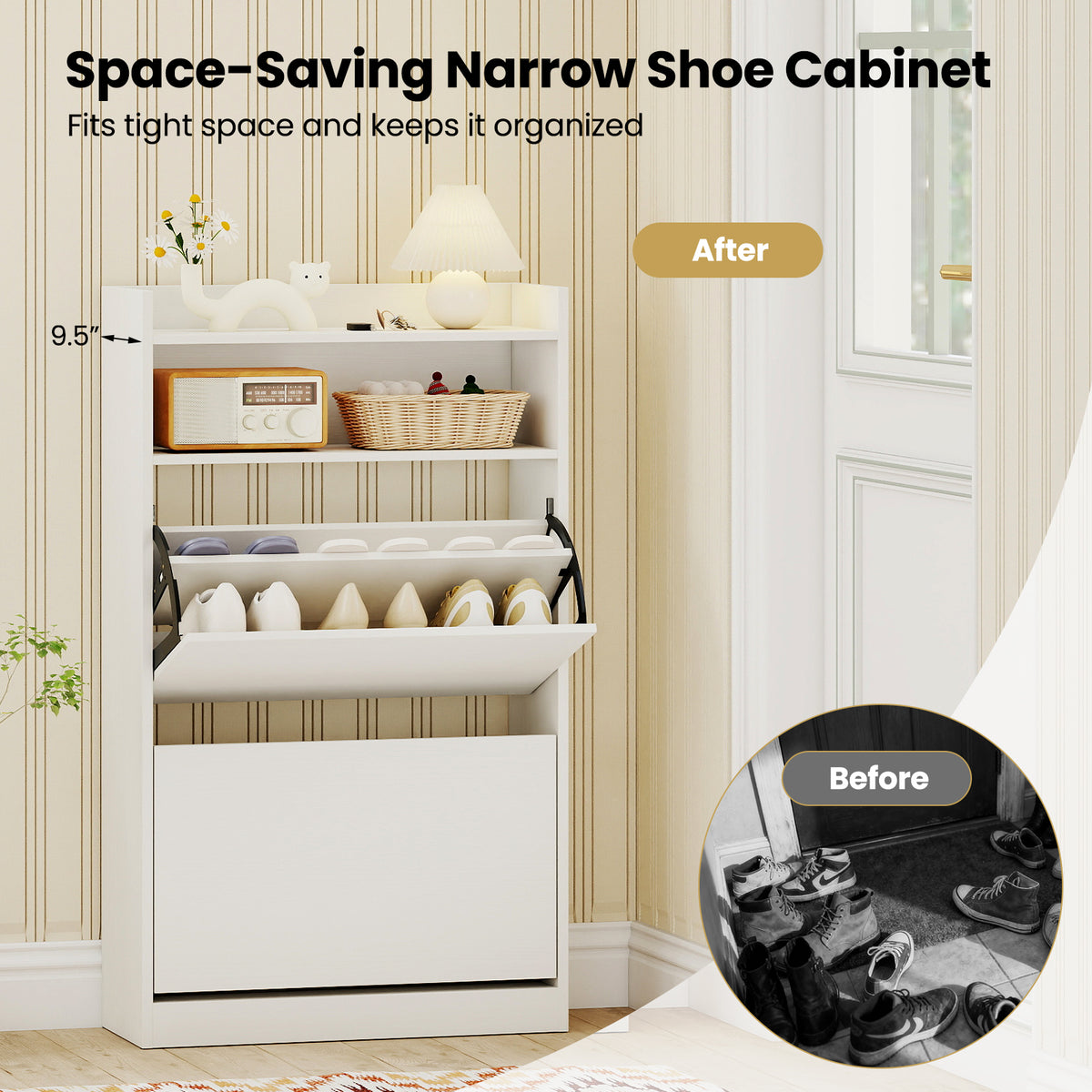 Shoe Storage Cabinet with Flip Drawers - White