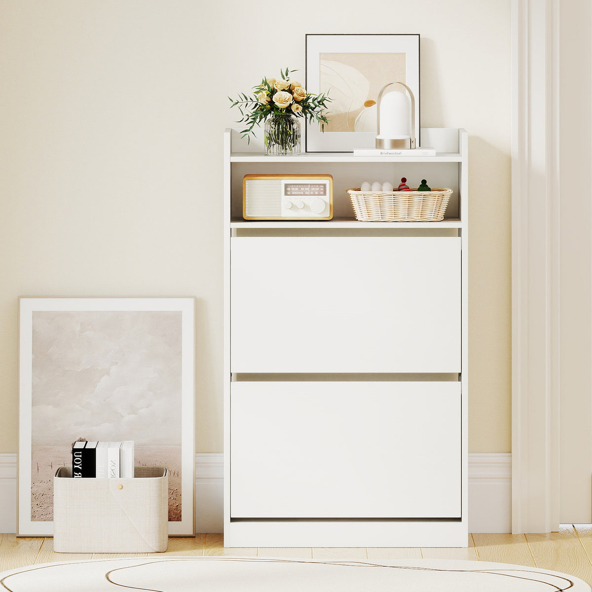 Shoe Storage Cabinet with Flip Drawers - White
