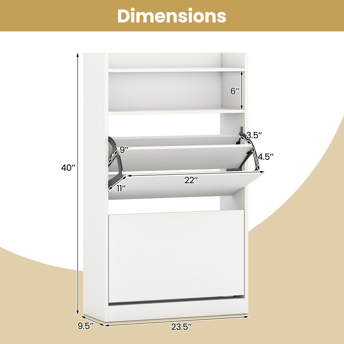 Shoe Storage Cabinet with Flip Drawers - White