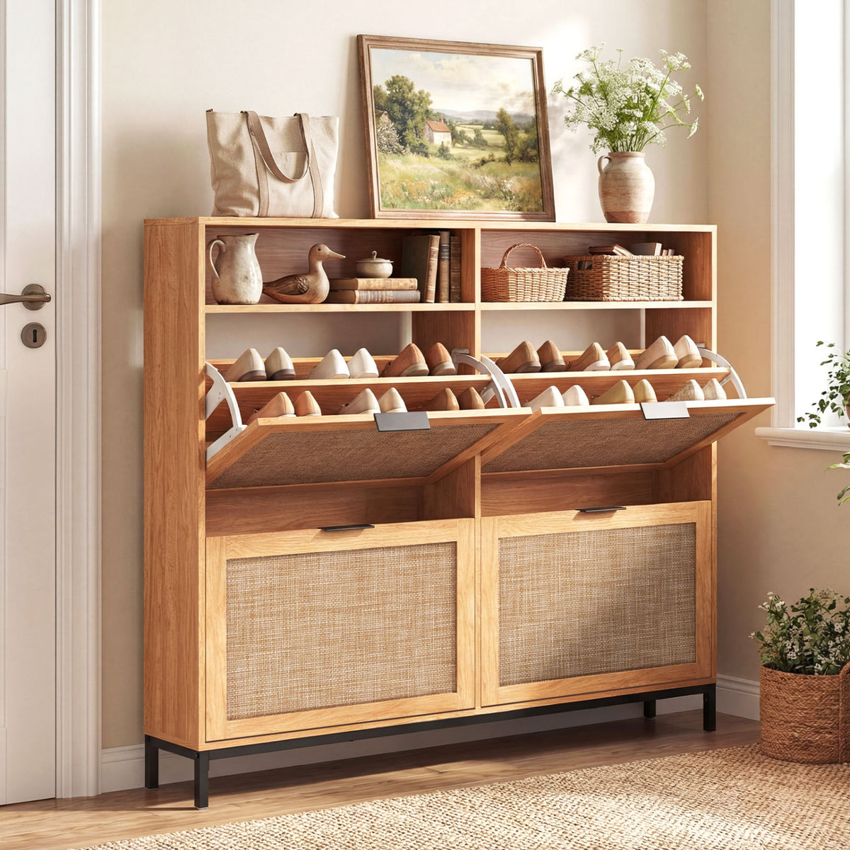 Shoe Storage Cabinet with 4 Flip Drawers Narrow Freestanding