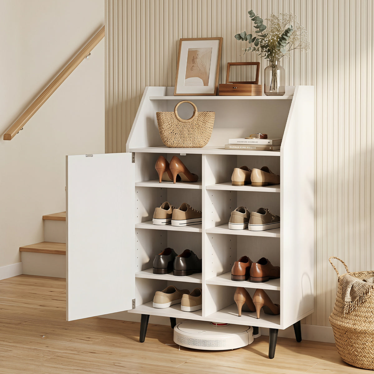 Shoe Storage Cabinet with 4-Tier Shelf and Open Compartment - White