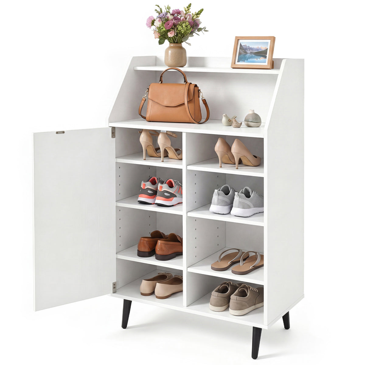 Shoe Storage Cabinet with 4-Tier Shelf and Open Compartment - White