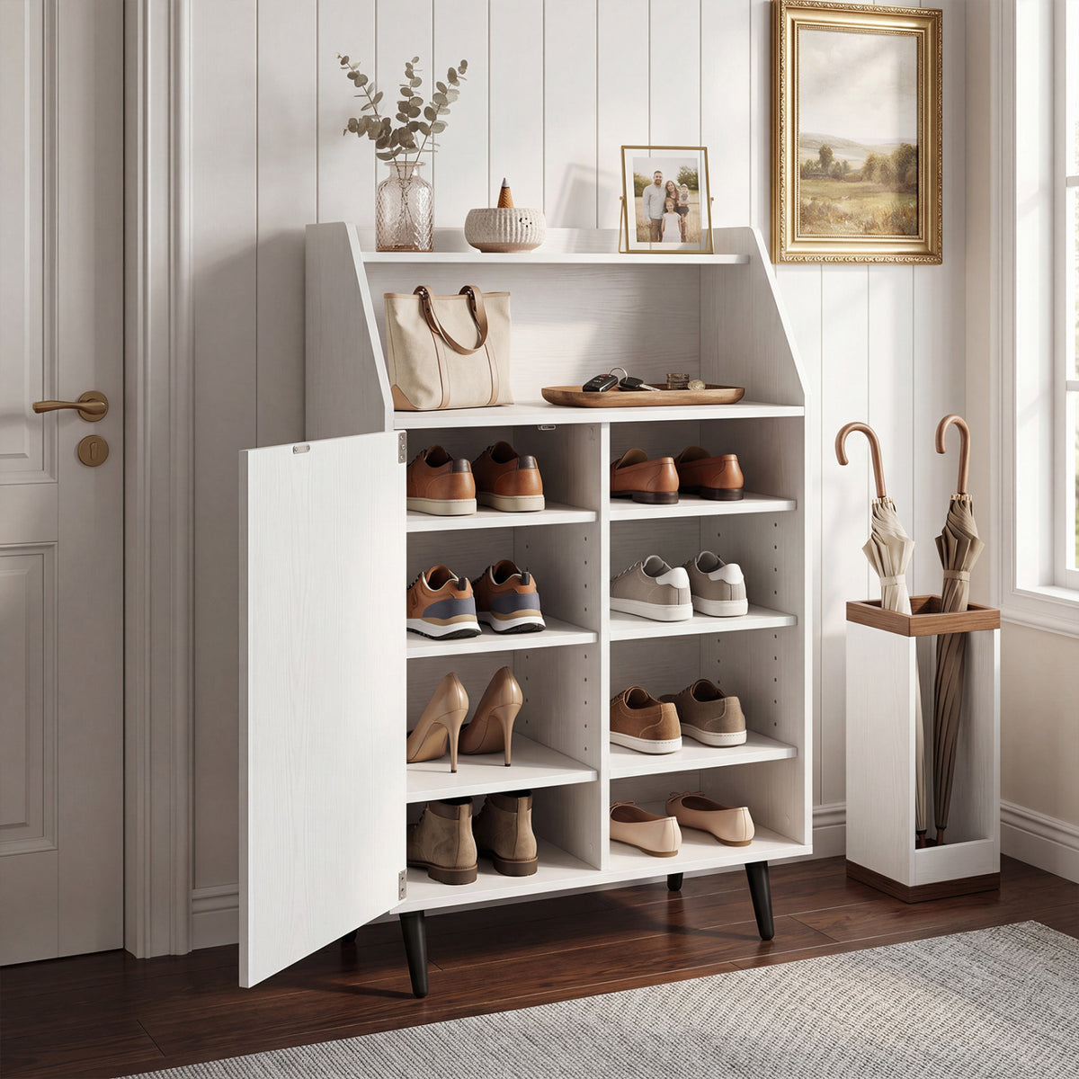 Shoe Storage Cabinet with 4-Tier Shelf and Open Compartment - White
