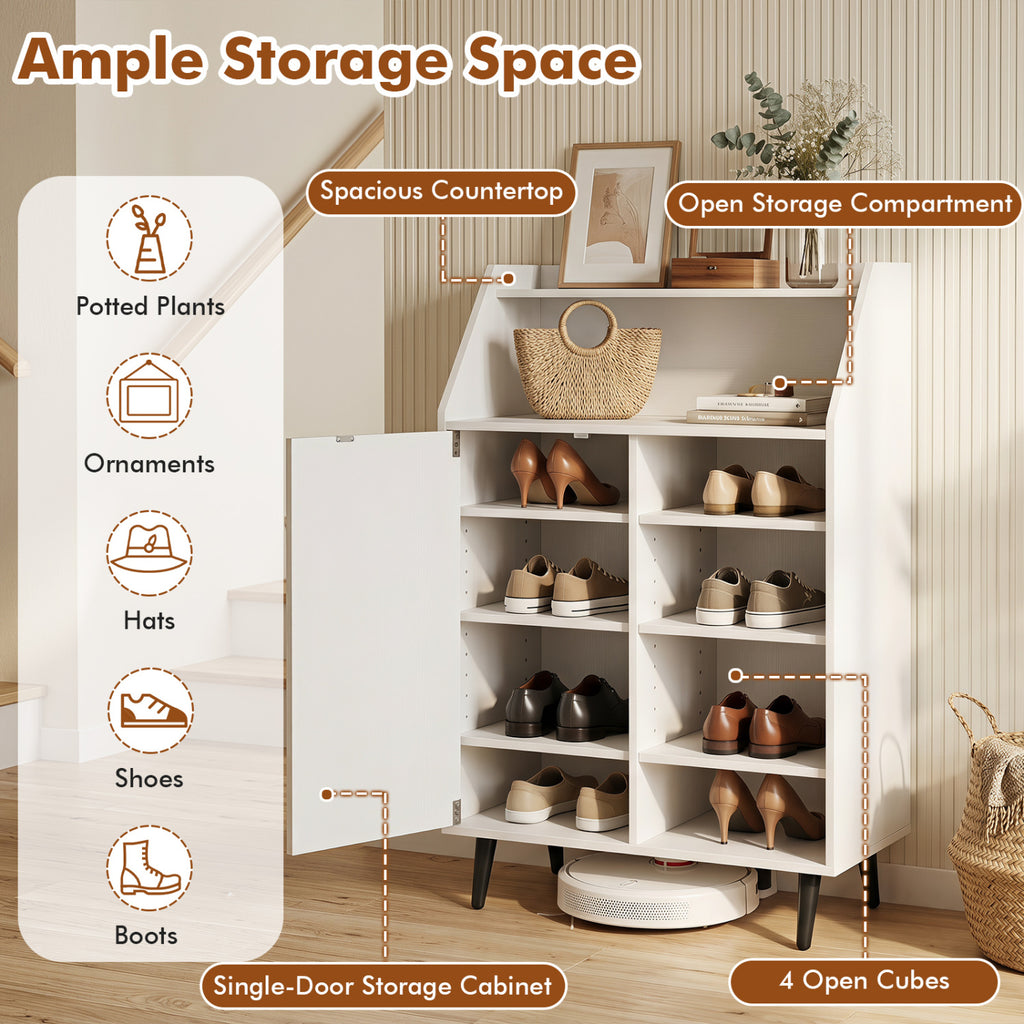 Shoe Storage Cabinet with 4-Tier Shelf and Open Compartment - White