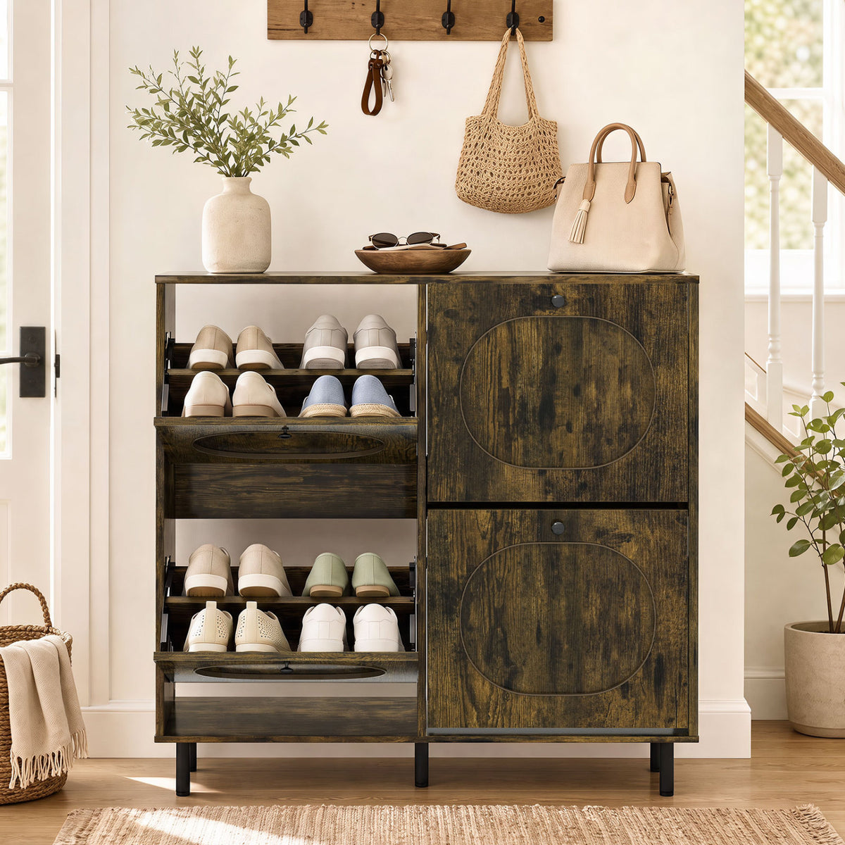 Shoe Storage Cabinet with 4 Flip Drawers and Aluminum Legs for Foyer