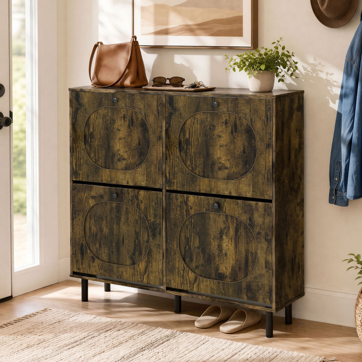 Shoe Storage Cabinet with 4 Flip Drawers and Aluminum Legs for Foyer
