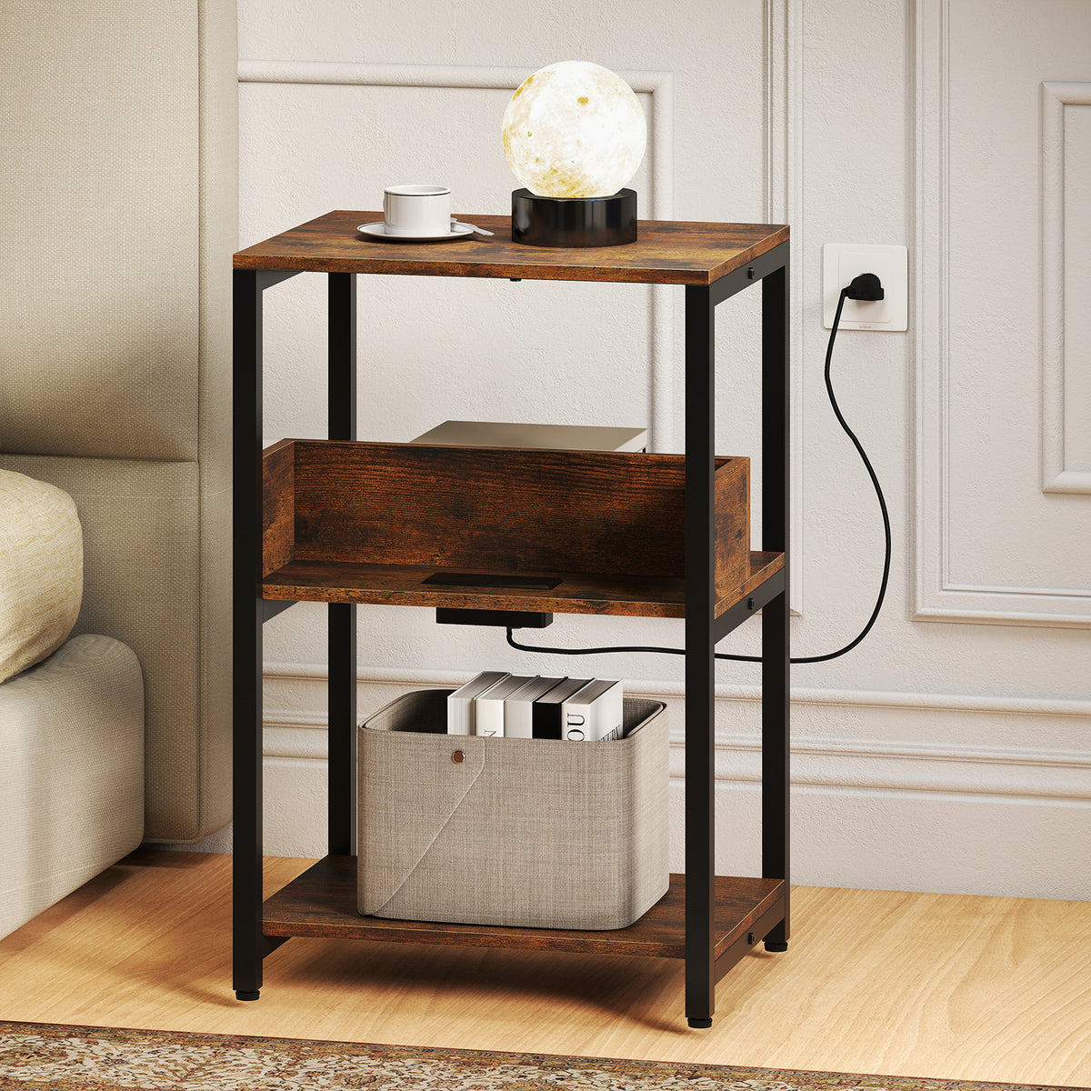 Side End Table with Charging Station and Open Shelves, Rustic Brown