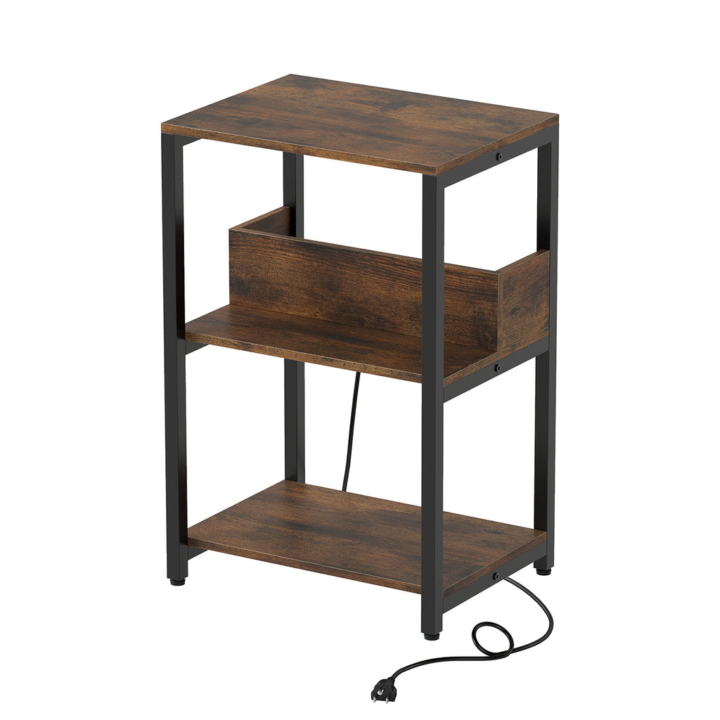 Side End Table with Charging Station and Open Shelves, Rustic Brown
