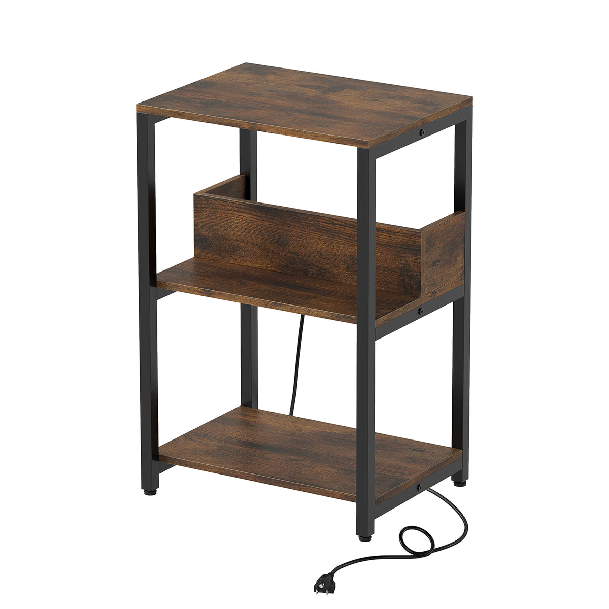 Side End Table with Charging Station and Open Shelves, Rustic Brown