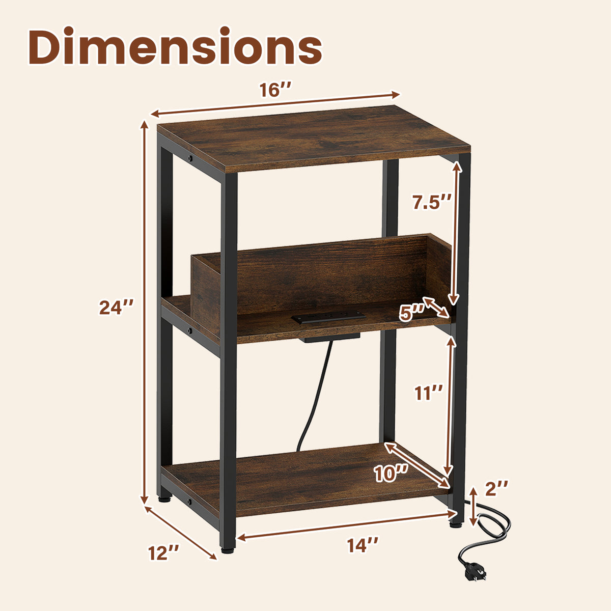Side End Table with Charging Station and Open Shelves, Rustic Brown