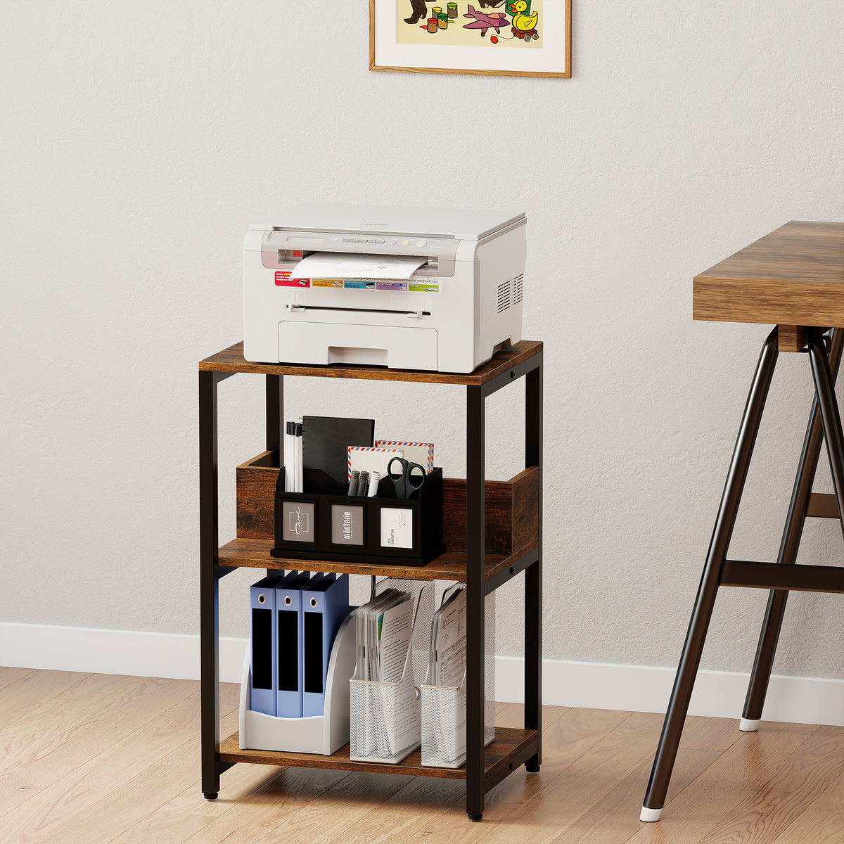 Side End Table with Charging Station and Open Shelves, Rustic Brown