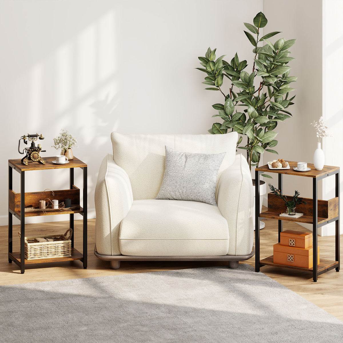 Side End Table with Charging Station and Open Shelves, Rustic Brown