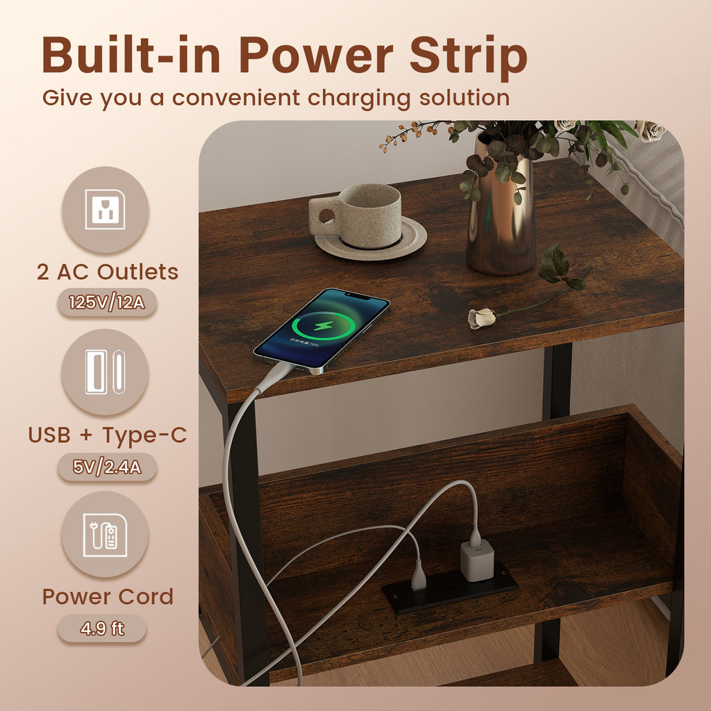 Side End Table with Charging Station & Open Shelves - Rustic Brown