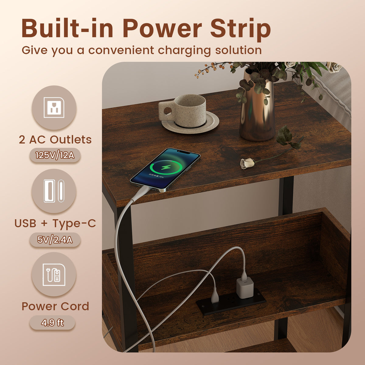 Side End Table with Charging Station & Open Shelves - Rustic Brown