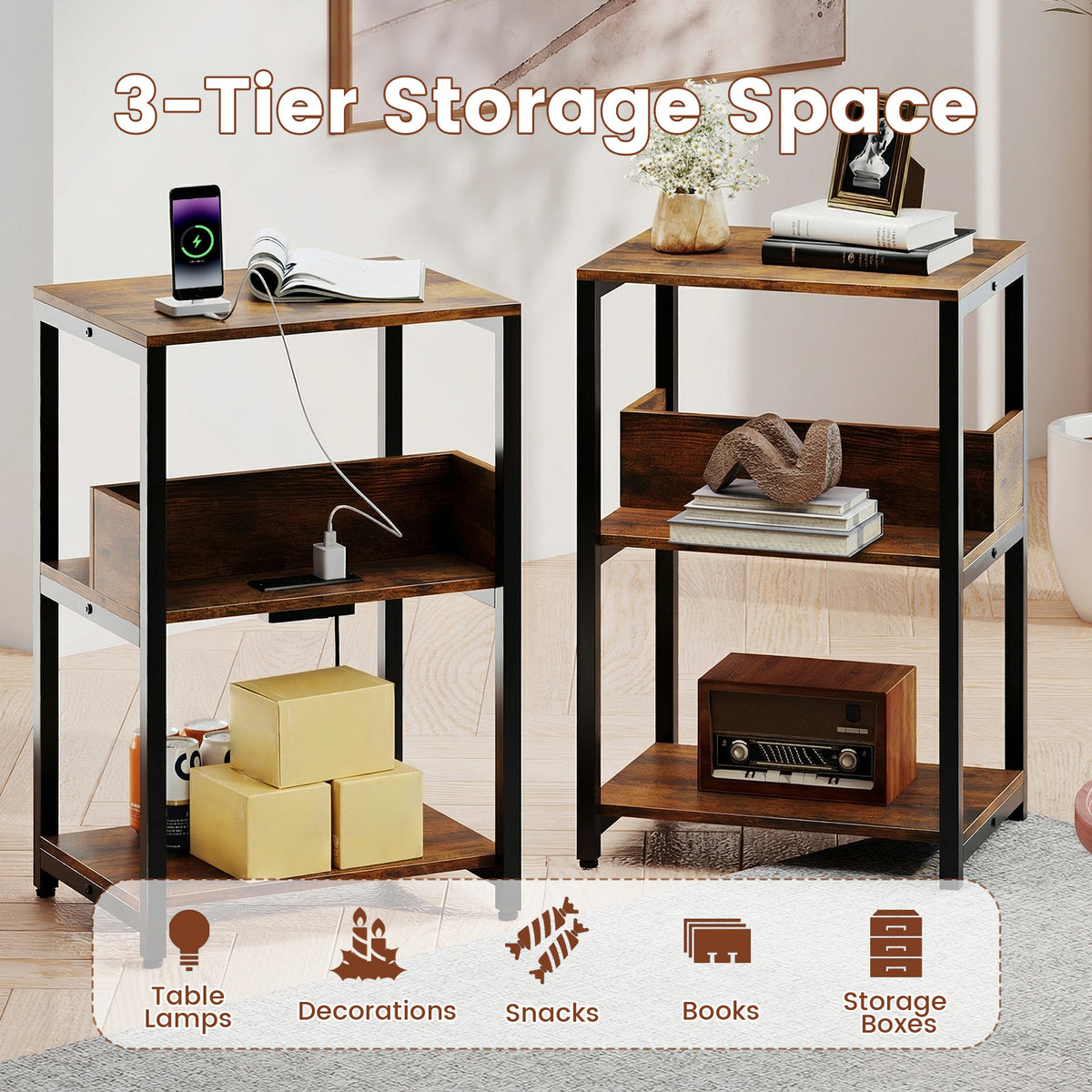 Side End Table with Charging Station and Open Shelves, Rustic Brown