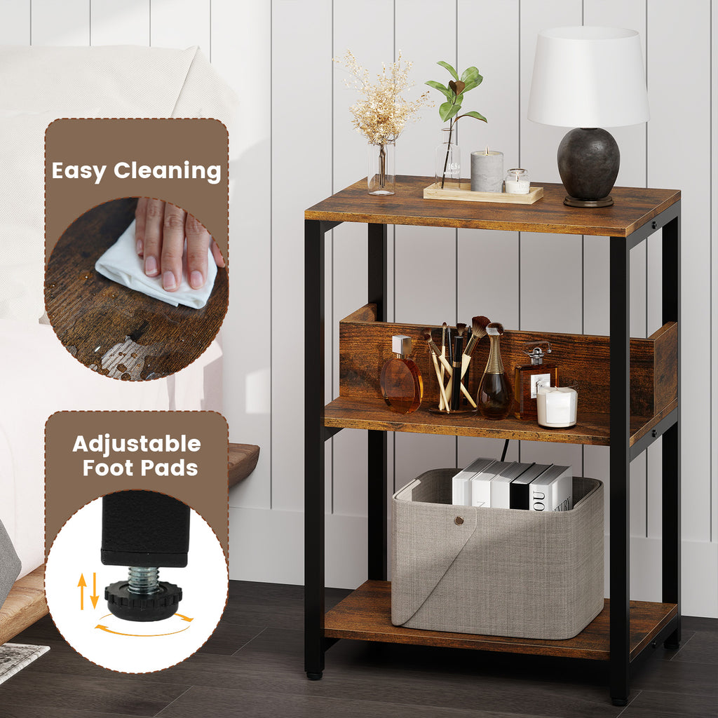 Side End Table with Charging Station and Open Shelves, Rustic Brown