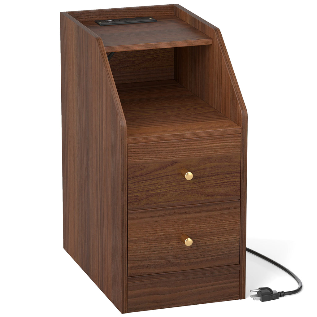 Side End Table with Charging Station & Drawers, Walnut