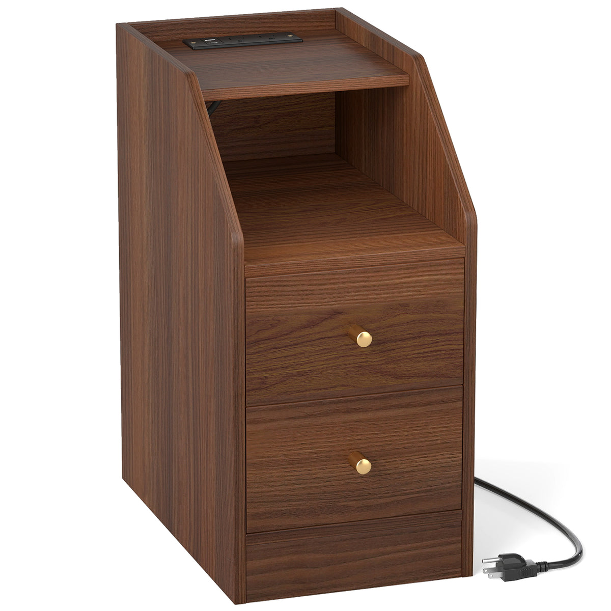 Side End Table with Charging Station & Drawers, Walnut